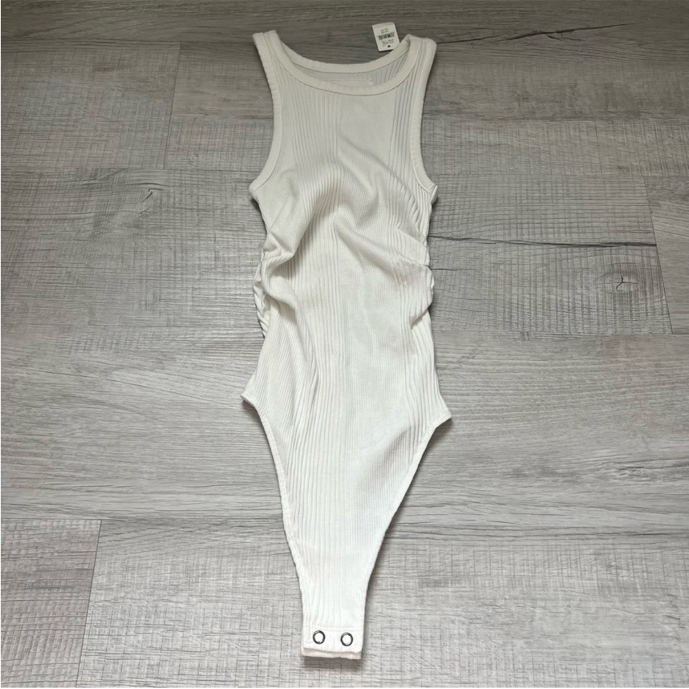 NWT AERIE HIGH NECK RUCHED RIBBED BODYSUIT Off White XS